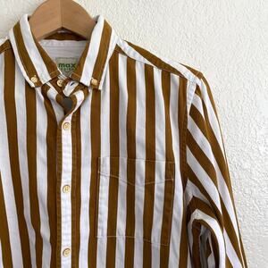Max Cares‎ 100% Organic Cotton Button Down Shirt Mustard Brown White Stripes